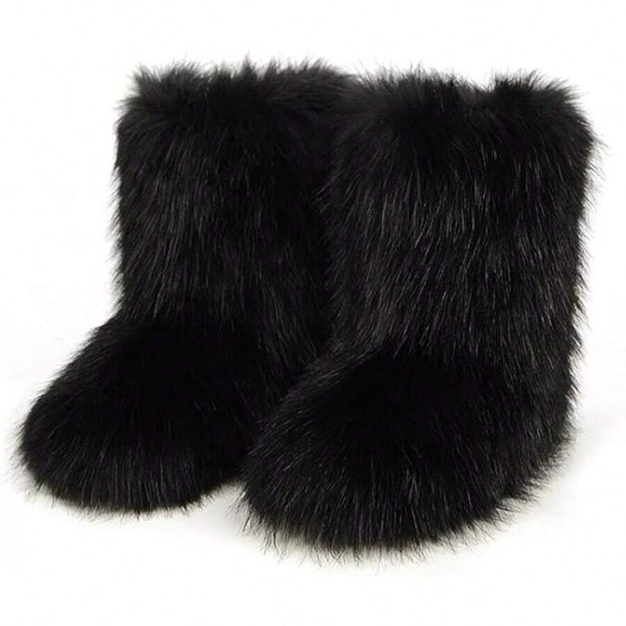 Women's Furry Faux Fur Boots Fuzzy Fluffy Mid Calf Snow Boots Suede Warm Fur Lined Booties Flat Fashion Boots