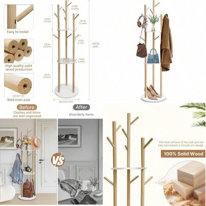 Wood Coat RackCoat Tree Freestanding Heavy Duty With 9 Hooks And 3 Shees Gold Coat Stand For Hats Bags Coats For Entryway Hallway Bedroom Office Natural