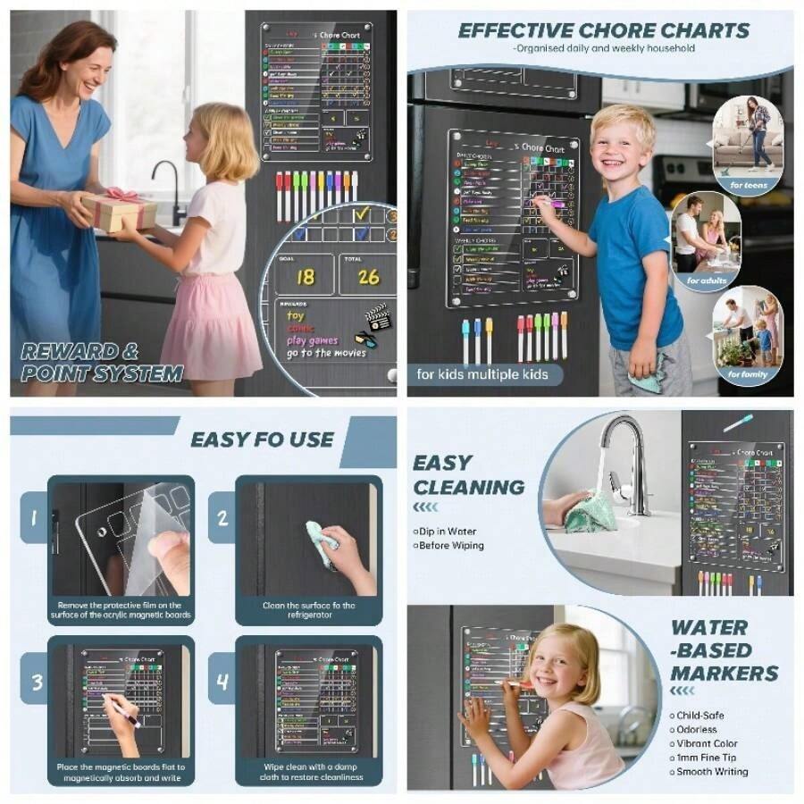 Acrylic Magnetic Chore Chart, 9.5x12 Behavior Reward Responsibility Chart TeensAdults Chore Chart Multiple, Reusable Chore Checklist Responsibility Tracker 1 Pack