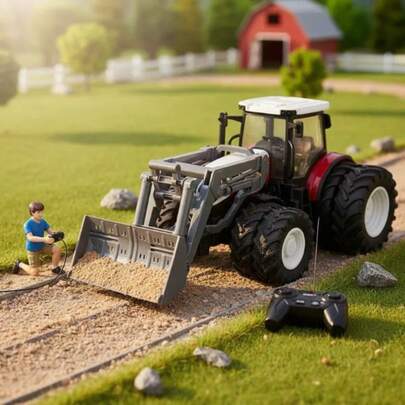 Trator brinquedo controle remoto recarregável basculante com luzes e diversão garantida