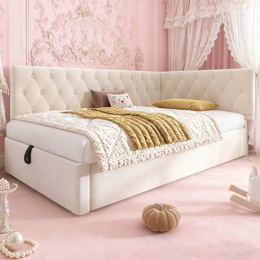 Tagesbett 90x190 cm mit Stauraum & Lattenrost – Polsterbett als Schlafsofa für Kinder/Jugendliche, Samtbezug rosa, ohne Matratze