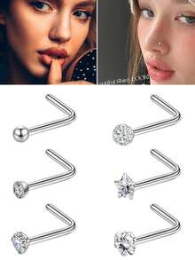 6pcs Cubic Zirconia Decorated Stainless Steel Nose Rings/Studs Set, Suitable For Daily Wear