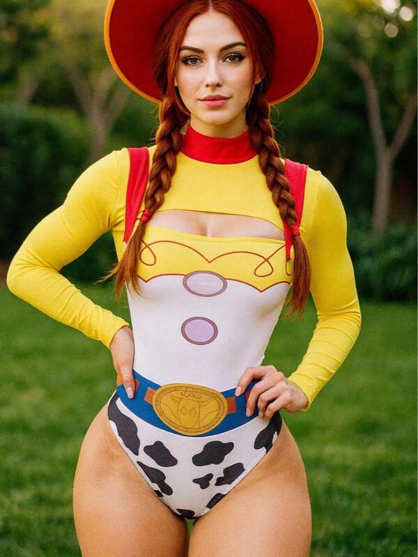 Disfraz de Vaquera Jessy T0y St0ry para Mujer Dama Sexy, Conjunto de 2 Piezas Top Con Body de Tirantes Estampado de Vaca para Eventos Halloween Lindo Tierno Festividad Noviembre Día de Muertos Disfraces Cosplay para Fiesta