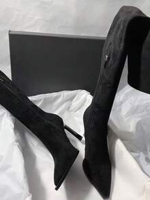 秋冬季尖头过膝长靴，弹力绒面革细高跟拉链过膝长靴，高跟鞋 - 黑色 - 查看 2