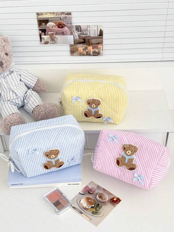 Striped Storage Bag, High-Quality Soft Fabric, Cute Bear & Bow Accent, Contrast Zipper, Plaid Sweet Style, Portable Makeup Bag For Outdoor & Travel, Suitable For Women