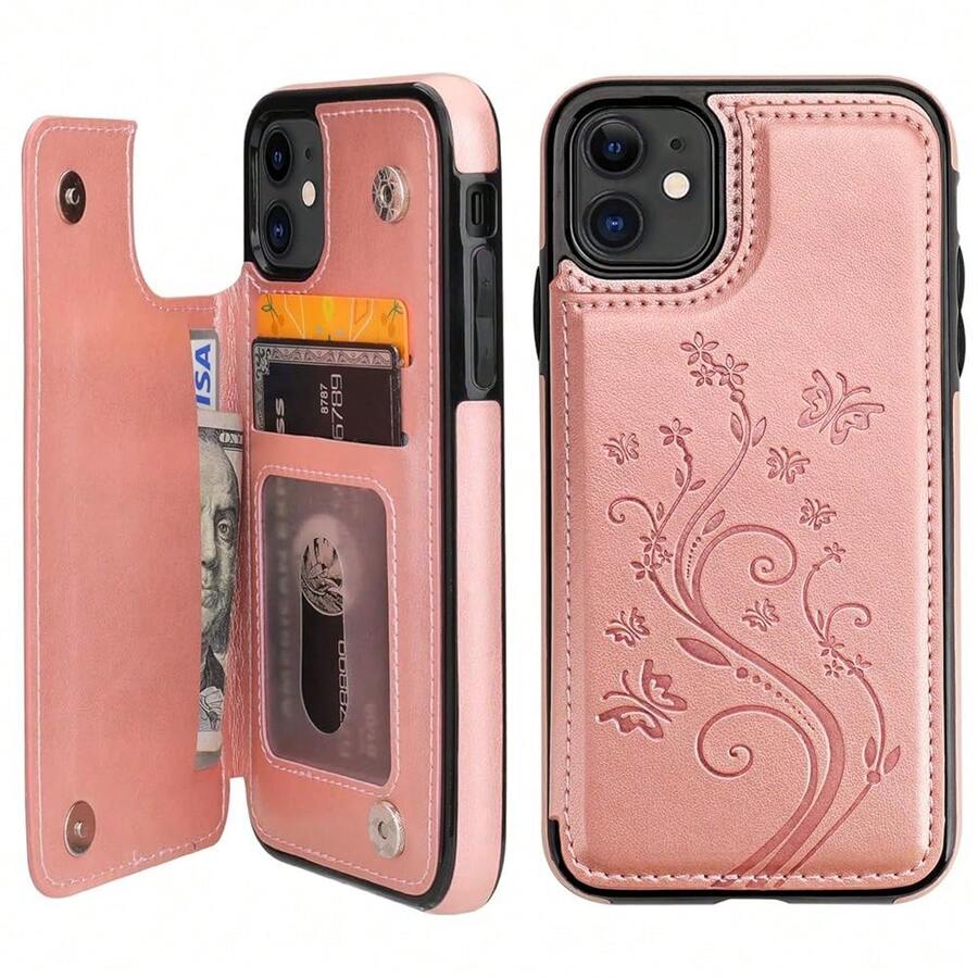 Compatible With IPhone 11 Case Wallet With Card Holder, Embossed Butterfly Premium PU Leather Double Magnetic Buttons Flip Shockproof Protective Cover For IPhone 11 6.1 Inch(Rose Gold){"Color_name":"RoseGold"} - 多色3 - 查看 1