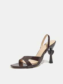 Women's High Heel Sandals, Fashion Party Outdoor High-End Gathering Lacquered Wine Glass Heel Small Square Toe, Elegant Rear Strap, Graceful And Dignified Coffee Brown Color - Coffee Brown - View 4