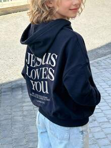 Tween Girl Students Loose Fit Printed Hoodies, Thermal Lined Casual Pullover Sweatshirts, Suitable For Spring, Autumn & Winter