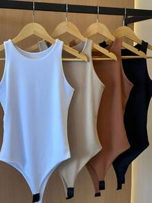 Kit 4 Women's Basic Versatile Leotard Bodysuit Tank Top Fashion Casual Elegant Suplex Elastic Fabric Without Transparency Shaper Versatile Blogger - 黑白裸色可可色 - 查看 1