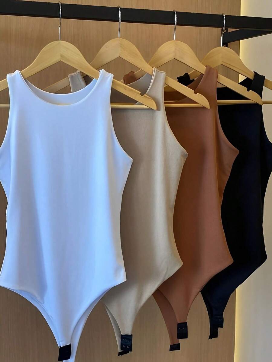 Kit 4 Women's Basic Versatile Leotard Bodysuit Tank Top Fashion Casual Elegant Suplex Elastic Fabric Without Transparency Shaper Versatile Blogger - 黑白裸色可可色 - 查看 1