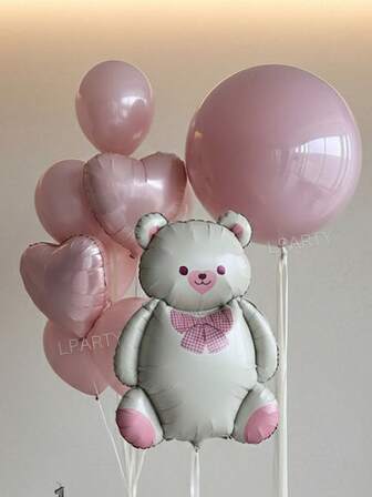10pcs/Set Pink Birthday Party Decorative Balloons, Suitable For Baby Shower, 1st Birthday. Cream Teddy Bear Foil Balloons, 18" Clear Bubble Balloons, 18" Macaron Pink Latex Balloons, 18" Pink Heart Foil Balloons, 10" Macaron Pink Latex Balloons, Suitable For Birthday Party
