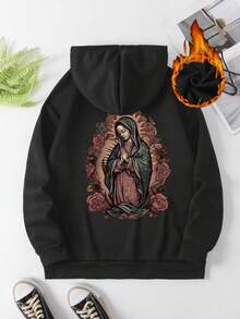 休闲圣母玛利亚印花羊毛连帽衫，抽绳连帽口袋时尚宽松秋冬羊毛运动衫，长袖上衣