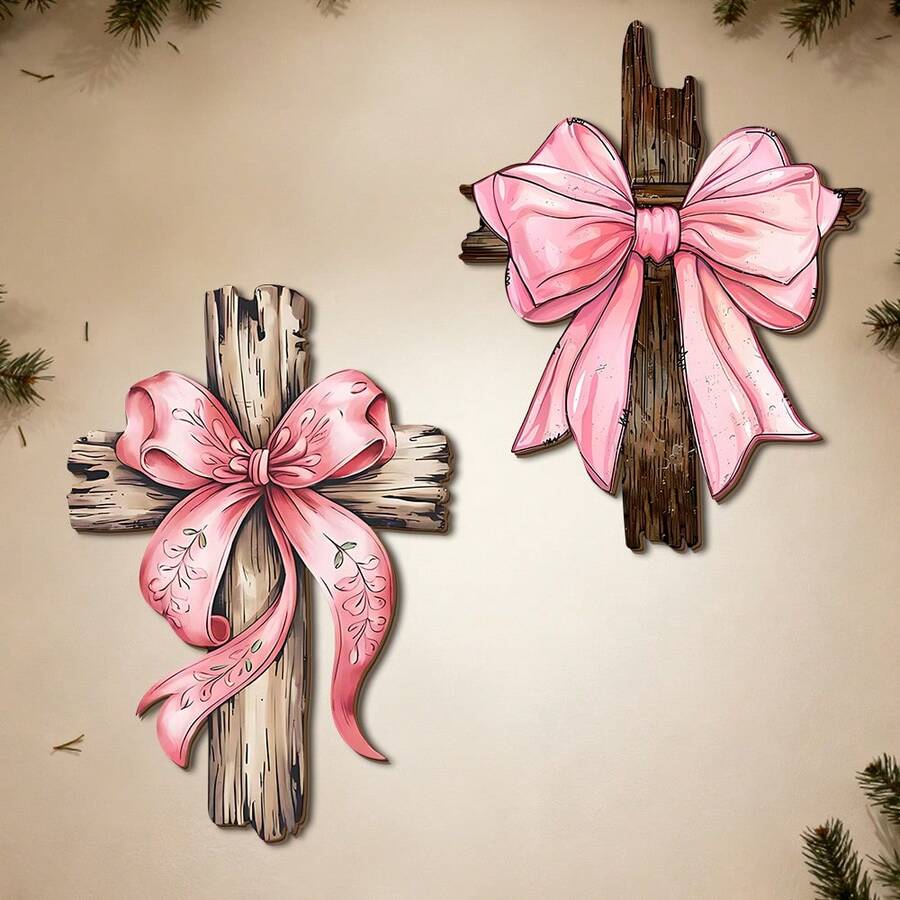 1pc Christian Wooden Sign - Pink Bow Room Decor, Bow Bible Verse Decoration, Inspirational Christian Gift (For Women), 12*8 Inches - Multicolor - View 1