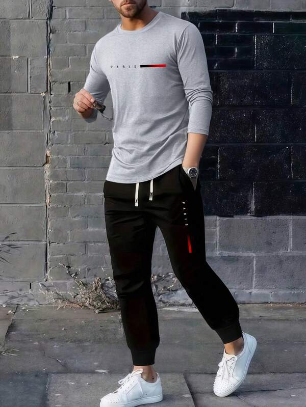 2 piezas Conjunto de camiseta de manga larga delgada y pantalones con cordón para hombre, con estampado de letras de París, ropa casual de calle, adecuado como regalo para esposo/novio, para ir al trabajo, actividades al aire libre, vacaciones