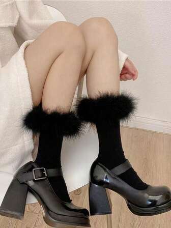 1 Pair Women's New Autumn/Winter Merino Wool Socks With Feather Trim, Warm Knee-High Stockings