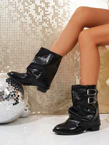 Women's Retro Western Cowboy Boots, Thick Sole Mid-Calf Boots With Zipper, Belt Buckle, Round Toe, Chunky Heel, Side Zipper, Western Style Holiday Boots