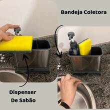 Dispenser Sabão Detergente Tramontina E Porta Utensílios Inox Kit Cozinha - Cinza - Visão 4