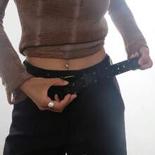 1pc Women's Retro Print Metal Rivet Boho Style Belt, Black Summer, School Fall, Autumn, Halloween - Black - View 4