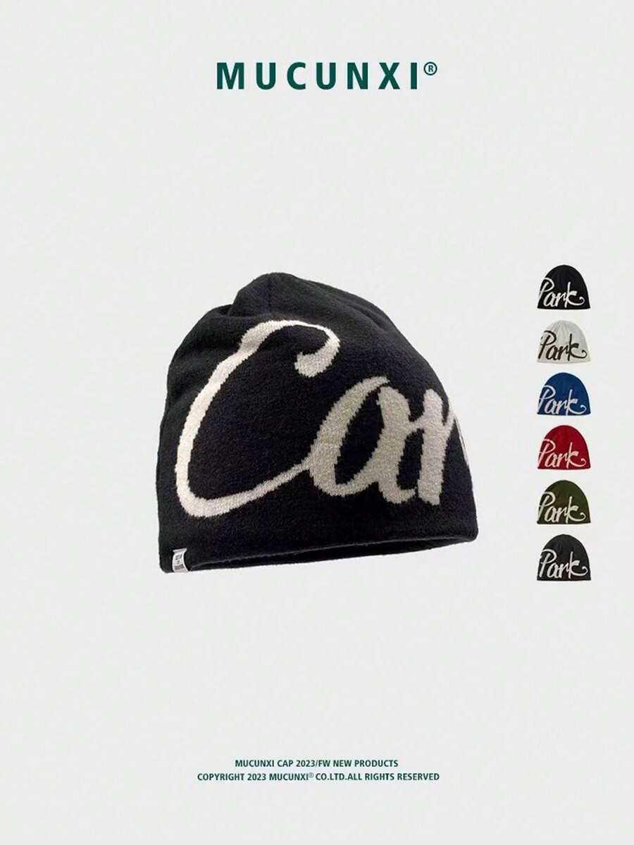 1 Stück Unisex amerikanischer Straßen-Buchstaben-Intarsia umkehrbarer gestrickter Beanie Hut, Unisex Hip Hop Skateboard Ohrenwärmer Schädelmütze, geeignet für Outdoor-Aktivitäten, Einkaufen, Alltagskleidung, Herbst/Winter