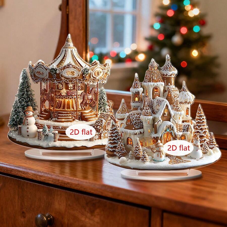 1/2pcs Christmas Desktop Decoration, Carousel, Castle Design, Living Room And Bedroom Home Decor, Office Desktop Decoration, Christmas Gift, 2D Acrylic