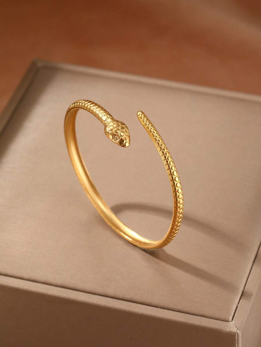 1pc Elegant Luxury Minimalist Design Stainless Steel Snake Texture Adjustable Bangle Bracelet, Suitable For Daily Wear, Gatherings, Parties And Any Occasion