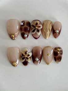 10 peças de armadura retrô, elegante e fofa para garotas sensuais, com atmosfera de outono e inverno, em formato de tartaruga, marrom caramelo, textura de metal esculpida em 3D, estrela de cinco pontas ondulada, contas redondas, pérolas, amêndoa curta, para usar