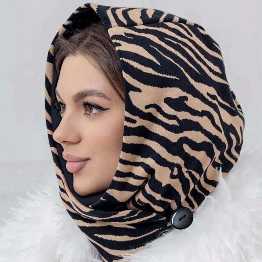 印花双层纽扣保暖帽，秋冬温暖好礼 - 彩色 - 查看 1