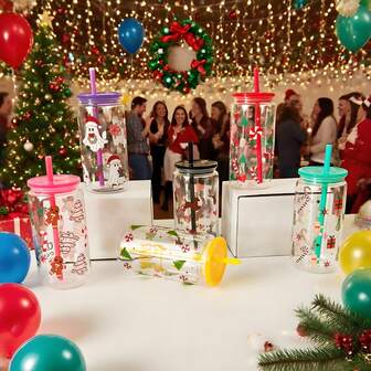 6pcs Christmas Plastic Cups With Lids And Straws, Iced Drink/Coffee Cups, Colorful Christmas Mason Jars, Christmas Halloween Teacher Nurse Friend Women Men Coffee Mugs