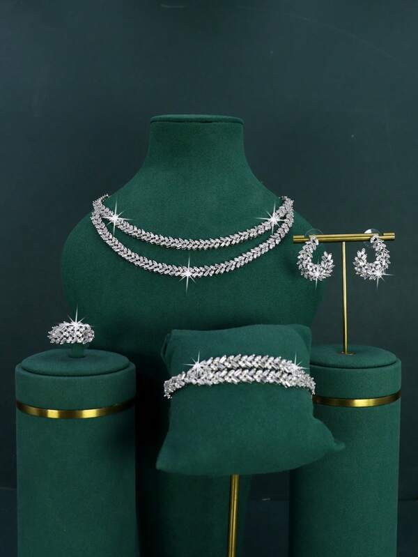 5pcs White Gold Plated Bridal Wedding Jewelry Set, Handset 3D Cubic Zirconia, Including Necklace, Bracelet, Earrings, Ring, Suitable For Daily Wedding Wear, Wedding Anniversary Gift (Comes In Golden Gift Box), Christmas Gift Included