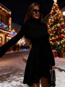 连衣裙，情人节女士连衣裙，春季，紧身，A字裙摆，长喇叭袖，高腰高领针织连衣裙，可内穿或外穿，优雅连衣裙，适合日常和派对场合，黑色上衣 - 黑色 - 查看 5