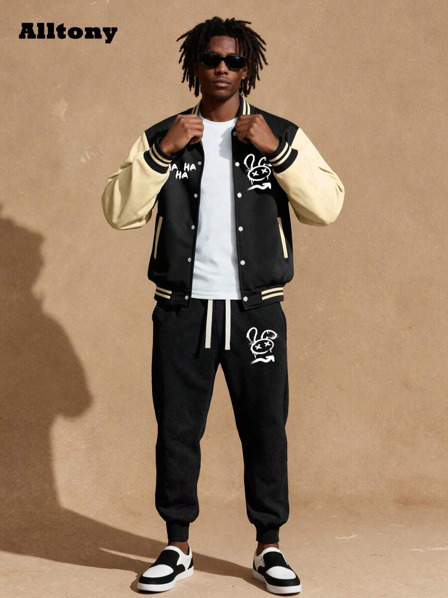 Alltony Herren Herbst/Winter personalisierter Muster Trainingsanzug, Langarm Baseball Jacke mit Tasche, Kapuze und Kordelzug Jogginghose 2-teiliges Set, Kontrast-Farben Lässig Sportoutfit geeignet für Straße, Joggen, Reisen, Outdoor, Pendeln, Camping, Urlaub