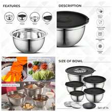 - Juego de cuencos para mezclar de acero inoxidable cepillado, fcil de limpiar, ahorro de espacio, para cocinar, hornear, preparar necesidades 8 piezas con tapa y rallador - 8 piezas con tapa y rallador - Ver 1