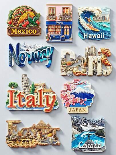 1 peça Ímã de geladeira estéreo 3D Série de viagens: Pirâmides e camelos do Egito, Montanhas nevadas e Aurora da Noruega, Torre de Pisa da Itália, Café da manhã e livraria de Paris na França, Surfe no Havaí, Taco no México, Montanhas Rochosas do Canadá, Montes e flores de cerejeira do Japão, Magnético forte, Design independente, Adequado como lembrança de viagem, decoração de casa ou presente criativo