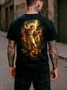 Men's T-Shirt With Cross And Praying Hand Print - 黑色 - 查看 8