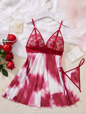 2pcs Lace & Mesh Patchwork Sleepwear Set, Fashionable Tie-Dye Design Women Spaghetti Strap Dress + Thong