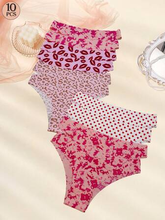 Aofeiqike 10-Pieces Set Of European And American Sexy, Comfortable, Seamless And Breathable Triangle Pants, Ice Silk Thin Printed Underwear, Heart-Shaped Bear, Pink Leopard, Red Lip, Sweet Women's Underwear