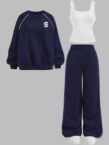 少女秋冬三件套，深蓝色字母图案长袖宽松上衣、背心和运动裤，美式休闲街头风。 - 藏蓝色 - 查看 7