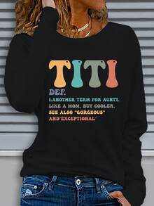 Large Size Women's Casual Long Sleeve Round Neck-Shirt - Fun '' Letter Humorous Aunt Quotes, Soft Beige Autumn Winter Top, Washable Regular Fit, Loose Comfortable Pullover, Breathable Fabric, Patterned, Daily Wear (0XL-5XL)(0XL-5XL) - 黑色 - 查看 2