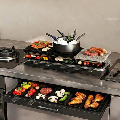 LILIIN Raclette Fondue Combination For 12 People Electric Table Grill With Fondue Pot, Natural Grill Stone And Non-Stick Grill Plate Grill Electric Grill Incl. 12 Pans, 12 Spatulas & 6 Fondue Forks