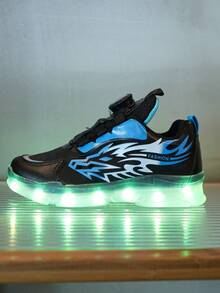 GUANGLAN USB Rechargeable 7-Color Lighting Kids Sports Shoes, Flashing Sneakers For Boys, Halloween & Christmas Gift, Rotary Buckle, Leather Upper, Suitable For Spring, Summer, Autumn, Winter, Cartoon, Toddler, Little Kid, Boys, Girls, Casual ShoeChunky Sneakers Shoes, Chunky Shoes, Black, Blue, Stylish, New, Glowing, Luminous Shoes, Baby Shoes, Street Dance Shoes, Neon Shoes - Blue - View 5
