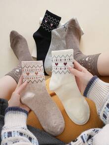 5 Pairs Women's Socks, Fair Isle Style Mid-Calf Socks, British Style Socks, Student Socks, Casual Simple Versatile Student Socks, Suitable For Daily Casual, Sports, Home, Commuting, Gifts, Suitable For All Occasions And Festivals, All Seasons Christmas Gift - Multicolor - View 3