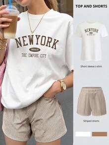 2 pcs Conjunto de dos piezas de top oversize de manga corta con estampado "Nueva York" y shorts a rayas para mujer, trajes de verano - blanco y cafe - Ver 1