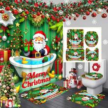 1pc/4pcs Green Christmas Shower Curtain Set: Santa Claus Bathtub Gift Theme, Elegant Housewarming Shower Curtain Gift, Modern Home Bathroom Decor Curtain, Shower Curtain With 12 Hooks, Non-Slip Bath Mat, U-Shaped Toilet Mat, Toilet Lid Cover, Bathroom Decor Set