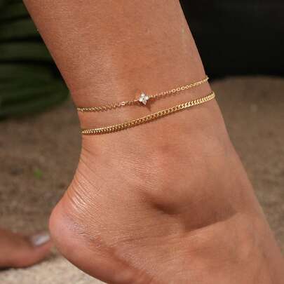 2pcs/Set Women Anklet Set, Boho Summer Beach Vacation Stacking Style, Copper Inlaid Zirconia Four-Leaf Clover Pendant Golden Electroplated Hollow Chain Double Layer Anklet Bracelet Accessory Gift