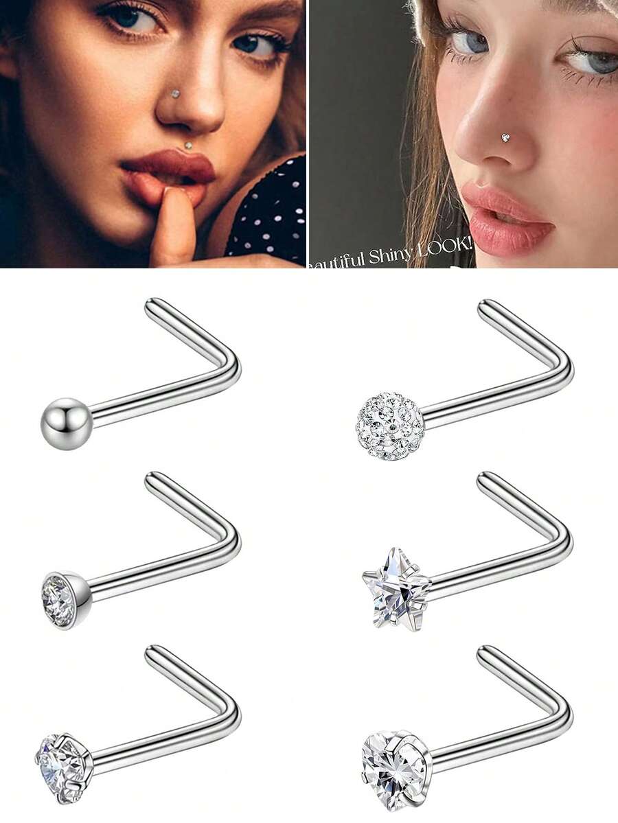 6pcs Cubic Zirconia Decorated Stainless Steel Nose Rings/Studs Set, Suitable For Daily Wear
