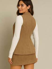 Conjunto 4 Piezas Mini Falda, Chaleco, Blusa y Cinturón. Confeccionado en suave . - Camel - Ver 2
