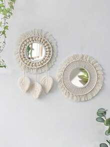 1pc Boho Style Handmade Wooden Bead Woven Wall Hanging Tassel Mirror Decor, Bedroom Home Living Room Entryway Wall Art, Gift For Friends, Wedding - Beige - View 3