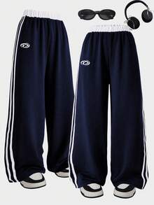 Women's Basic Casual Striped Print Pants, Minimalist Design, Suitable For Daily, Commuting, Leisure, Vacation, Street Photography With Friends, All Seasons - Royal Blue - View 1