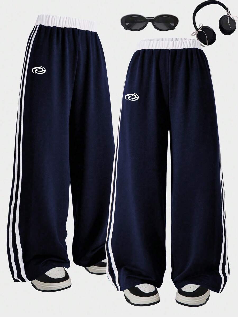 Women's Basic Casual Striped Print Pants, Minimalist Design, Suitable For Daily, Commuting, Leisure, Vacation, Street Photography With Friends, All Seasons - Royal Blue - View 1