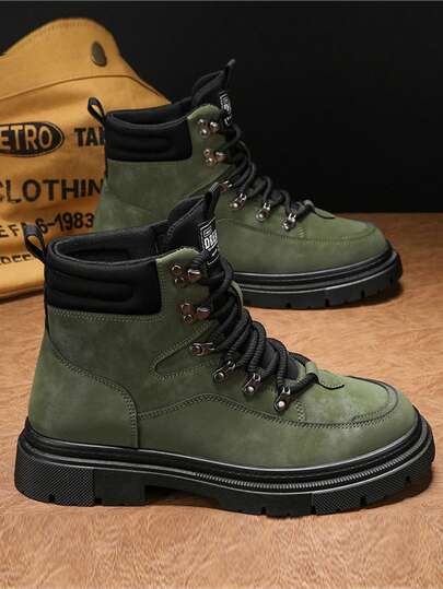 2025新款男士高帮皮靴，厚底防滑耐磨圆头系带舒适高帮靴，纯色时尚百搭休闲男靴，户外运动男登山靴，复古舒适户外工作安全鞋